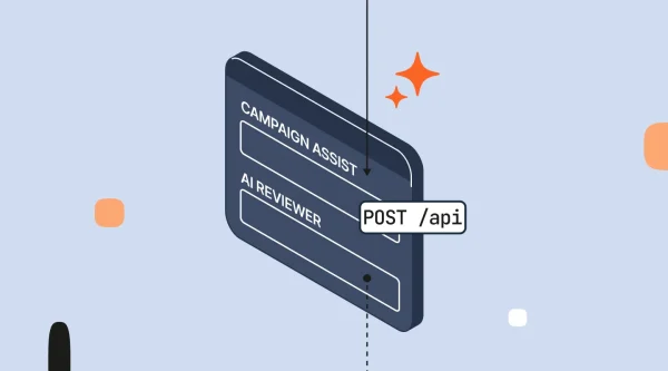 An angled interface illustration on the right shows “CAMPAIGN ASSIST” and “AI REVIEWER,” with an arrow pointing toward Campaign Assist and a label reading “POST /api.”