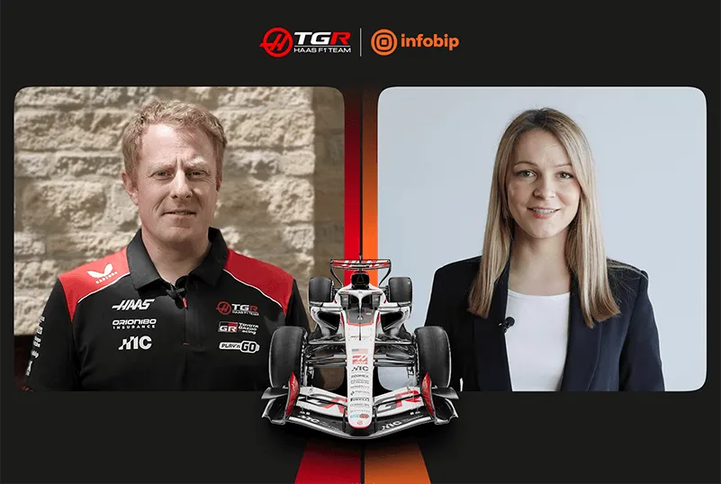 TGR Haas F1 Team and Infobip campaign graphic featuring two speakers and a Haas Formula 1 race car.
