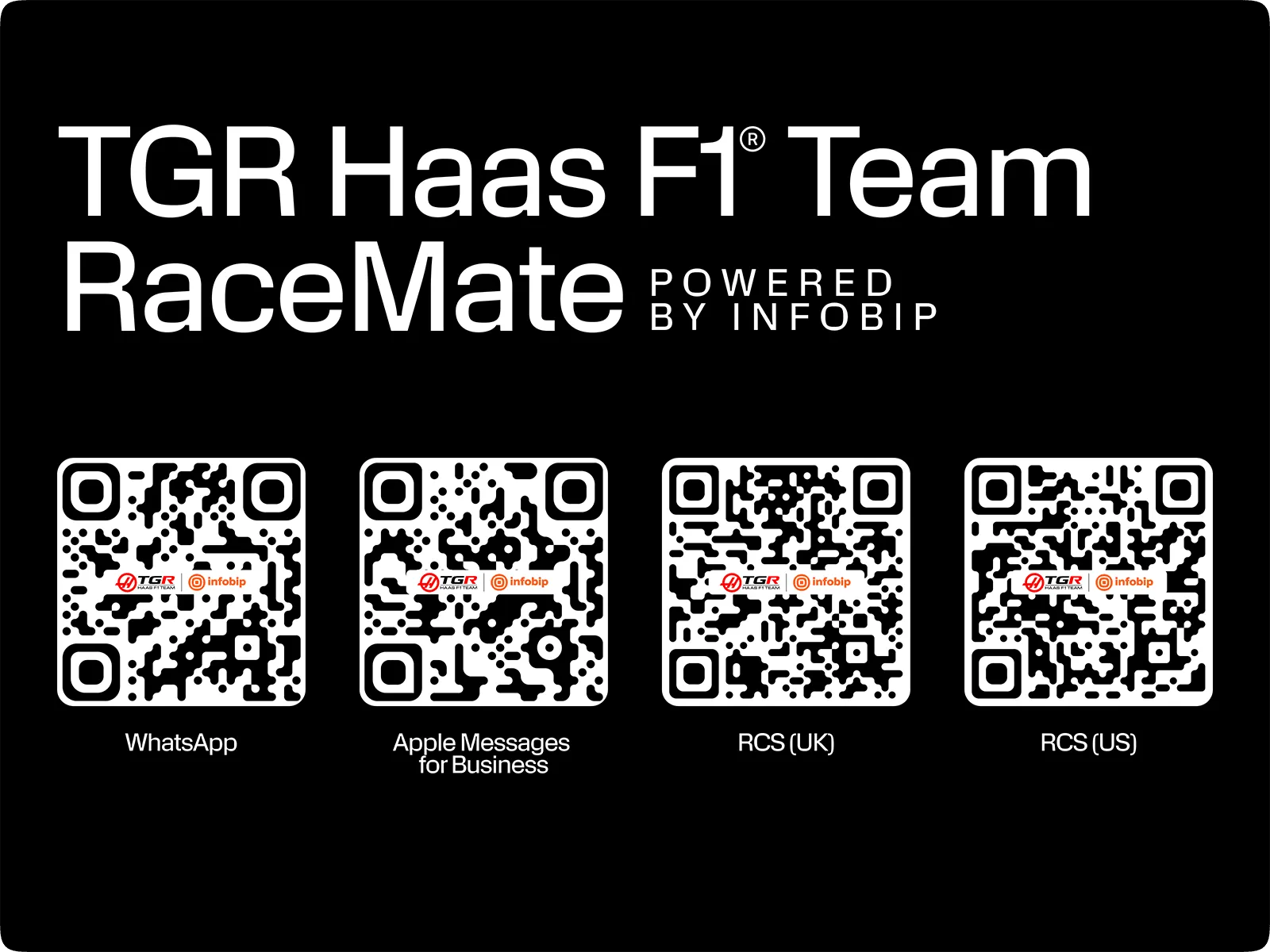 TGR Haas F1 Team RaceMate powered by Infobip, with QR codes for WhatsApp, Apple Messages for Business, and RCS in the UK and US.