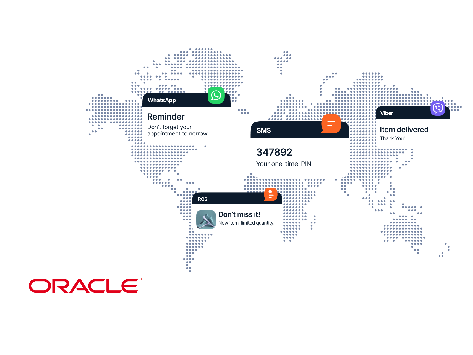 This image represents worldwide connecting via messaging channels for Oracle users and their customers. It is represented with the map of the world in the background and messages on: -WhatsApp "Reminder. Don't forget your appointment tomorrow." -SMS: "347892. Your one-time-pin." -Viber: "Item delivered. Thank you!" -RCS: "Don't miss it! New item, limited quantity!" In the bottom of the image is Oracle logo.