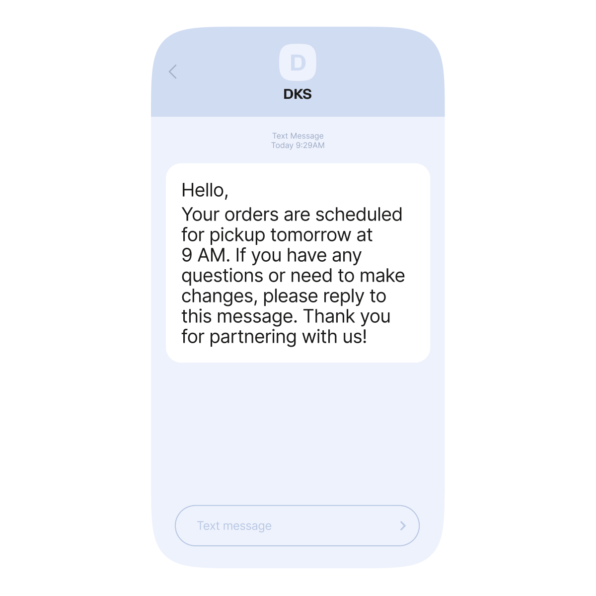 This visual represents a smartphone screen displays a text message from "MyShop" to a customer. The message reads: "Dear John, Don’t miss our web-exclusive promotion with amazing discounts! As a Silver member, you’ll receive an extra 5% off. Shop now!"