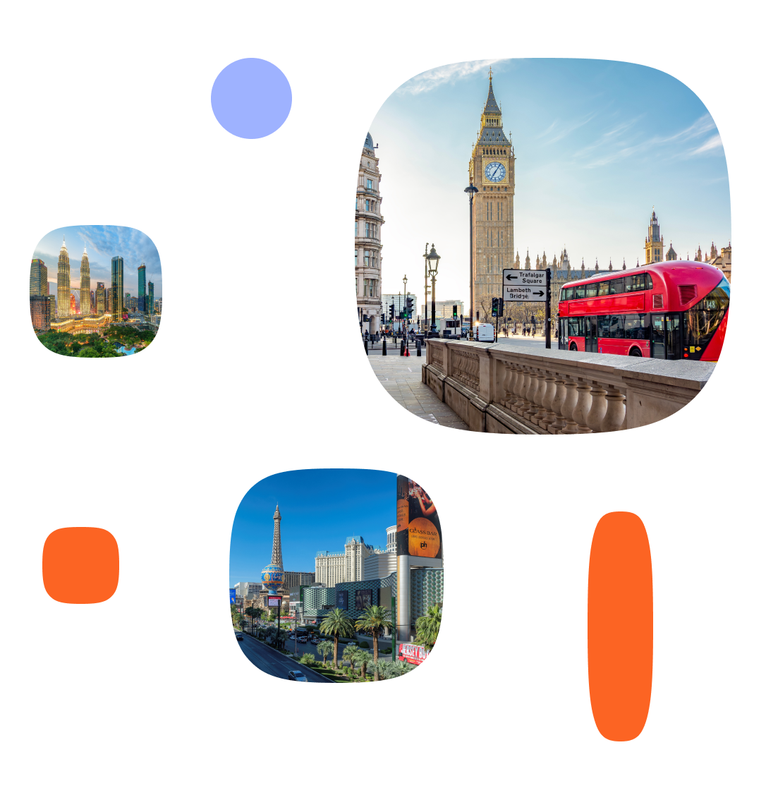 This visual represents iconic cityscapes from around the world, featuring recognizable landmarks such as the Petronas Towers in Kuala Lumpur, Big Ben with a red London double-decker bus, and the Las Vegas Strip with the Paris Hotel and Eiffel Tower replica. The graphic uses abstract shapes for visual appeal.