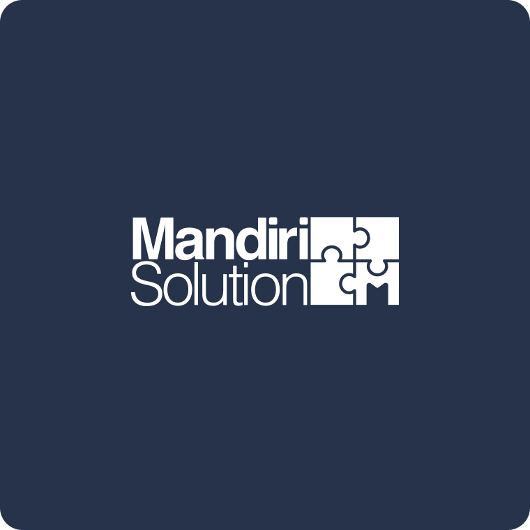 Mandiri Solution logo featuring a puzzle-piece icon and white wordmark on a dark navy background.