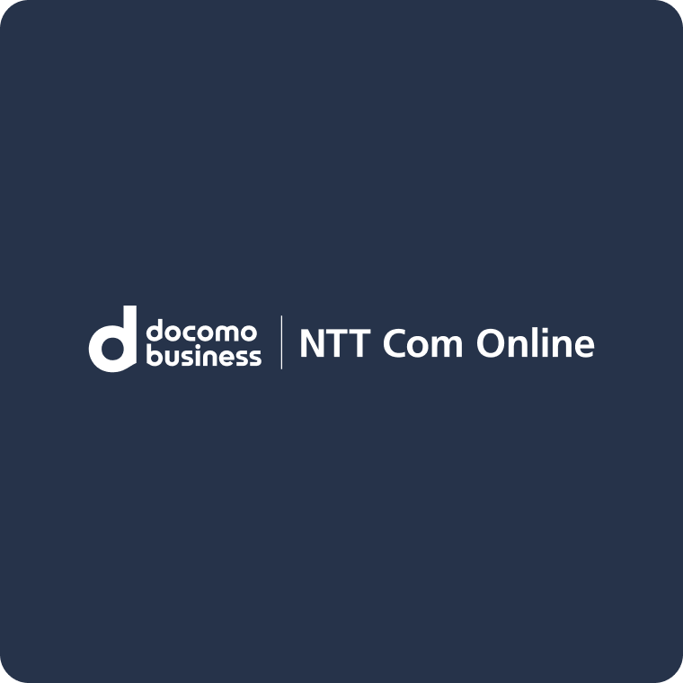 docomo business | NTT Com Online wordmark logo in white, separated by a vertical line, on a dark navy background.