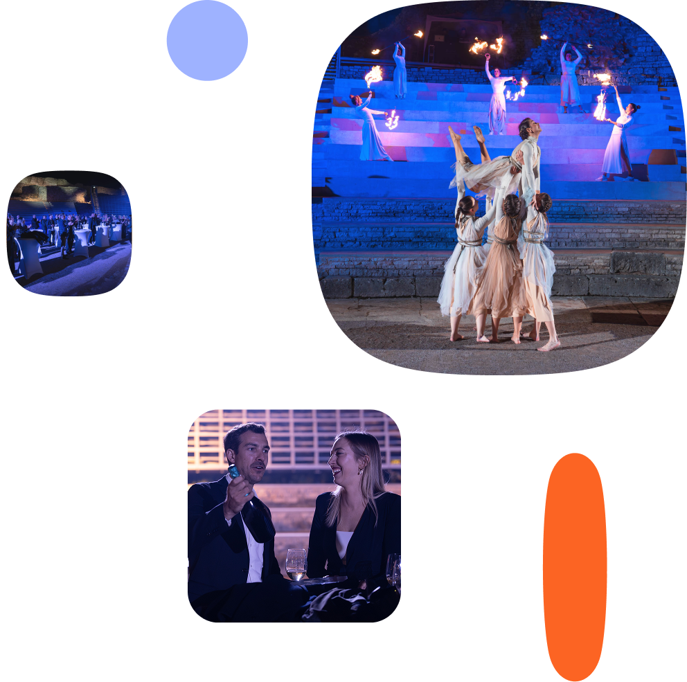 Event collage: evening reception in an outdoor amphitheater with blue lighting, dancers in flowing costumes performing with fire on stone steps, guests networking at cocktail tables, and two attendees chatting over drinks.